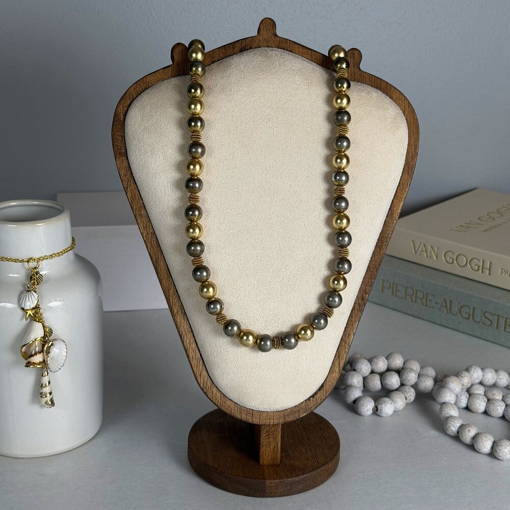 Classic Elegance Vintage 1980s 32" Gold & Silver-Tone 12mm Beaded Necklace